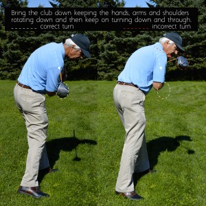 Bring the club down keeping the hands, arms and shoulders rotating down and then keep on turning down and through to prevent the shoulder slice.